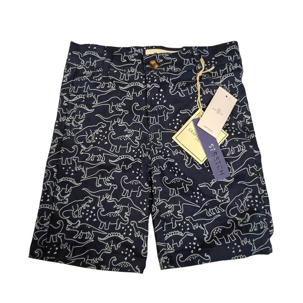 Craft + Flow Boys Navy Blue Dinosaur Print‎ Chino Shorts Size 4 Stretch NWT